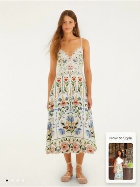 FARM Rio Off-White Stitched Garden Midi Dress - Floral, Embroidered